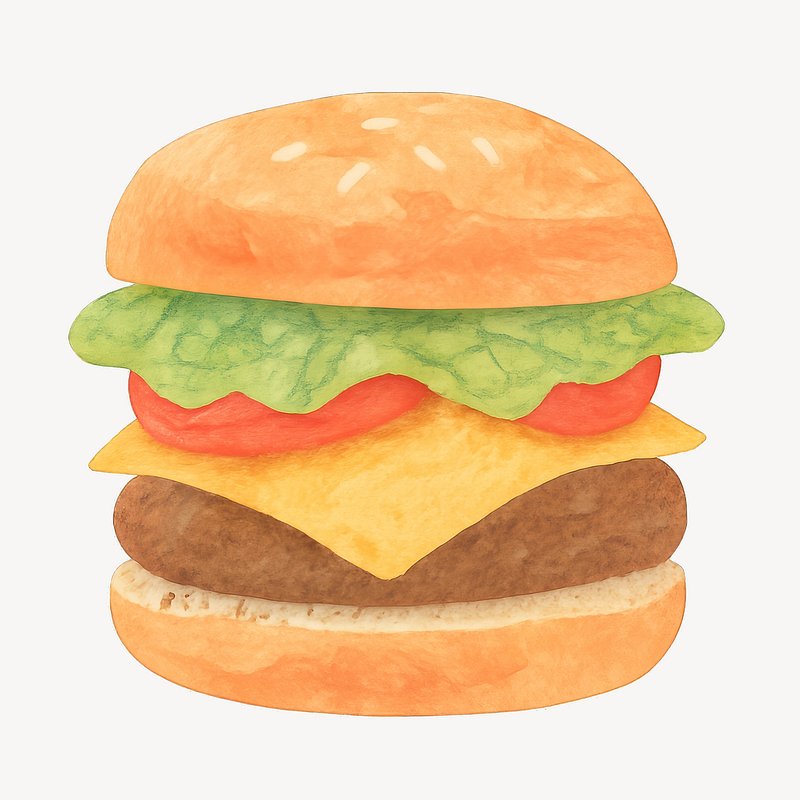 Delicious watercolor cheeseburger illustration.