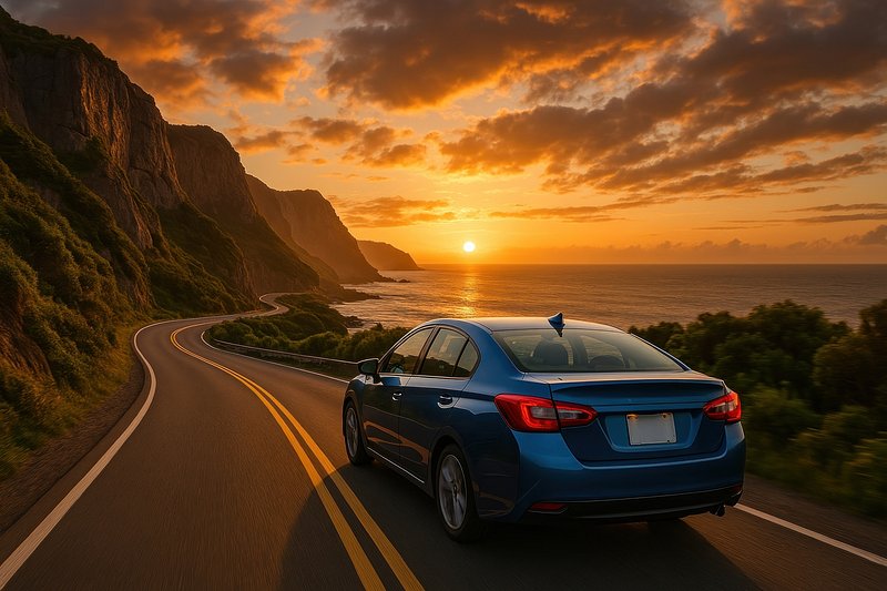 Car sunset coastal drive adventure
