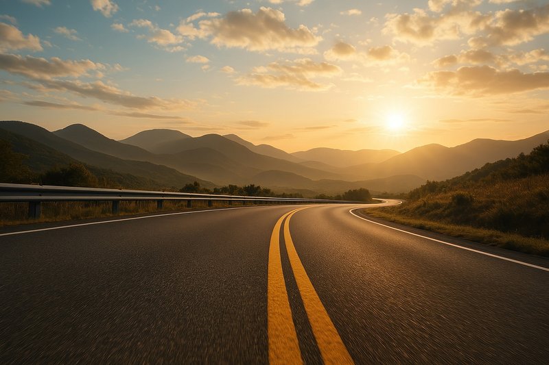 Scenic road at sunset mountains