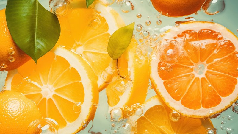 Vibrant citrus fruits submerged bubbles, desktop wallpaper