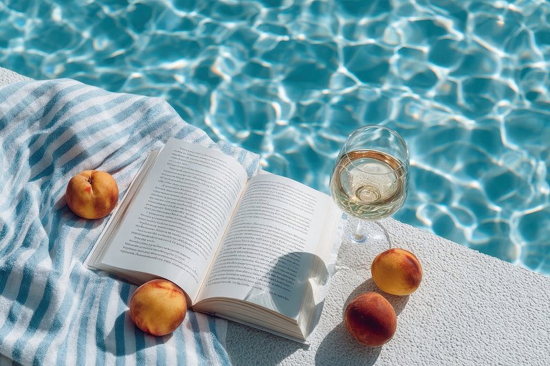 Aesthetic summer scene poolside water book striped.