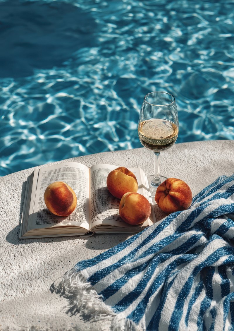 Aesthetic summer scene poolside book outdoors striped.