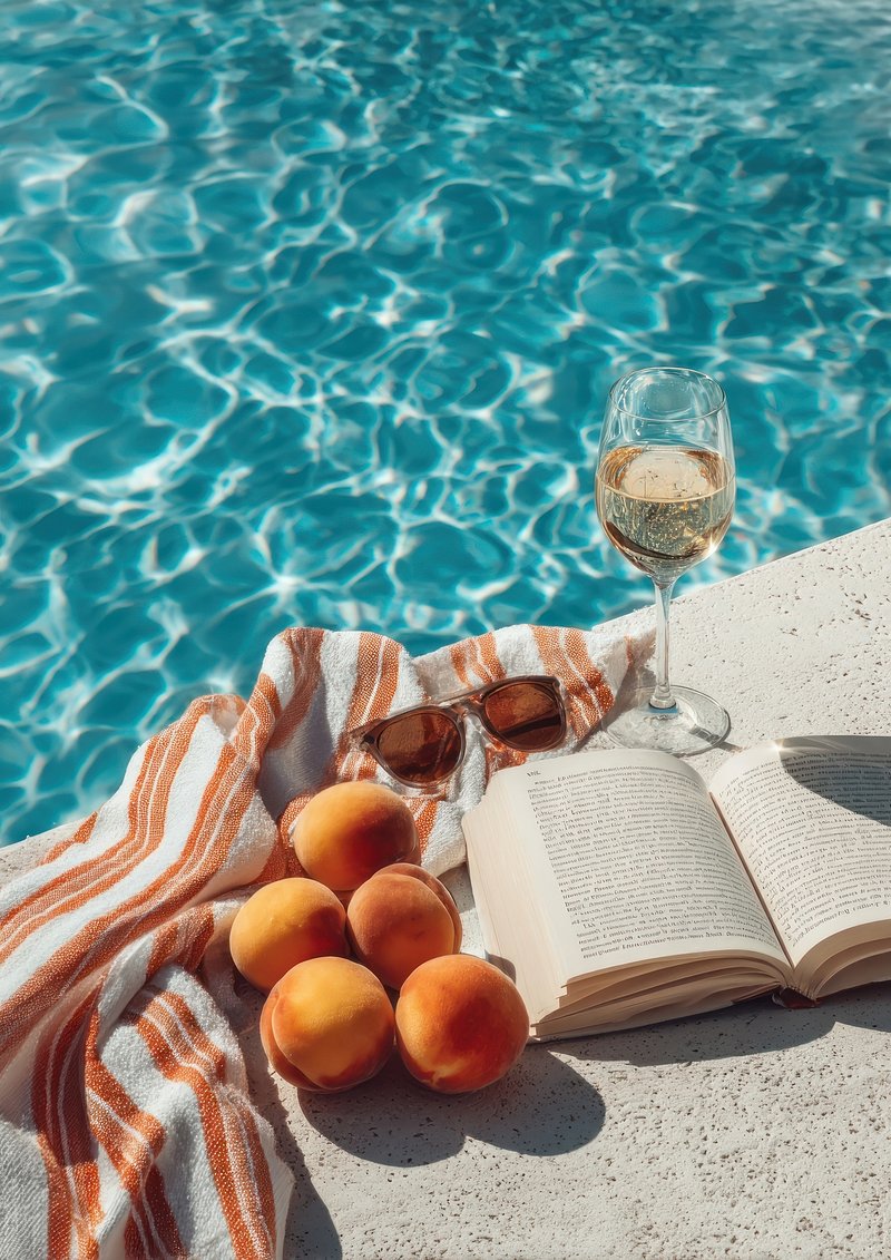 Aesthetic summer scene poolside book peaches striped.