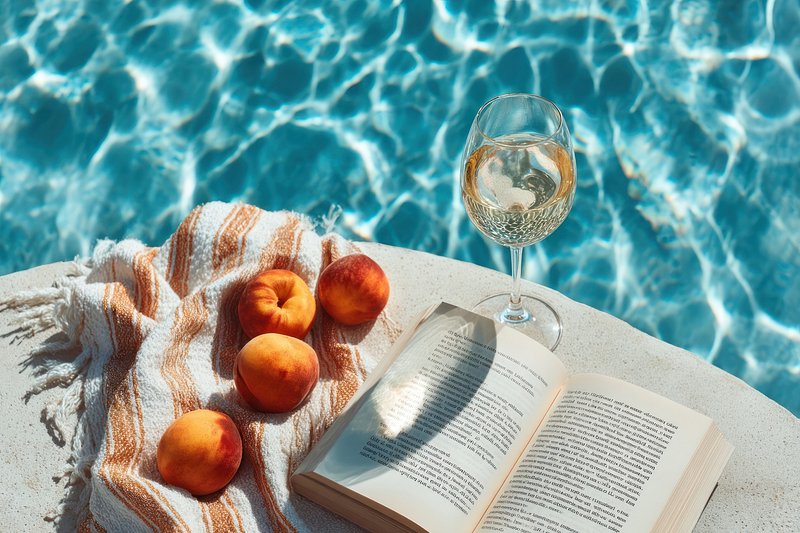 Aesthetic summer scene poolside water book outdoors.