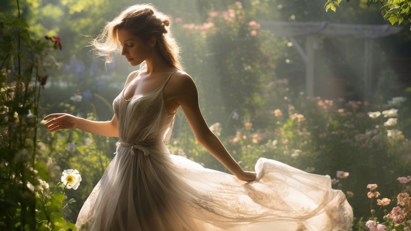 Ethereal woman in sunlit garden