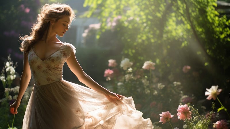 Elegant woman in sunlit garden