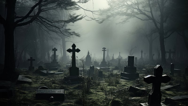 Eerie graveyard shrouded in mist, desktop wallpaper