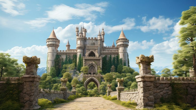 Majestic fairytale castle landscape, desktop wallpaper