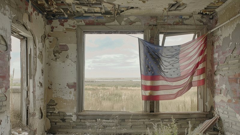 Abandoned room with flag, desktop wallpaper