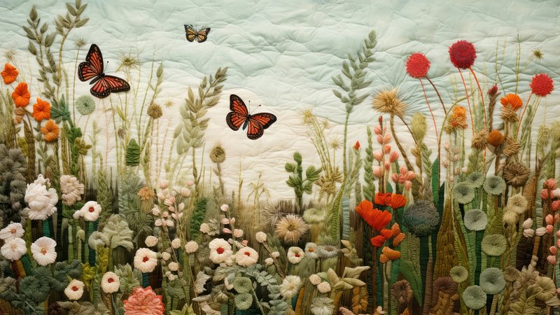 Vibrant embroidered floral tapestry, desktop wallpaper