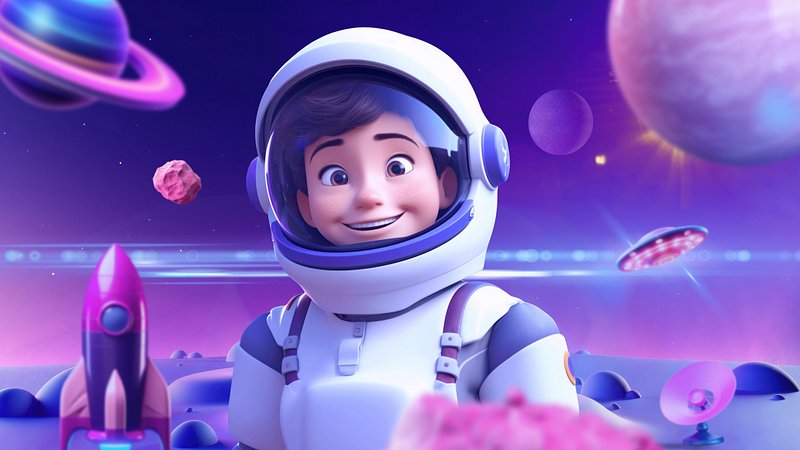 Cheerful astronaut explores colorful space