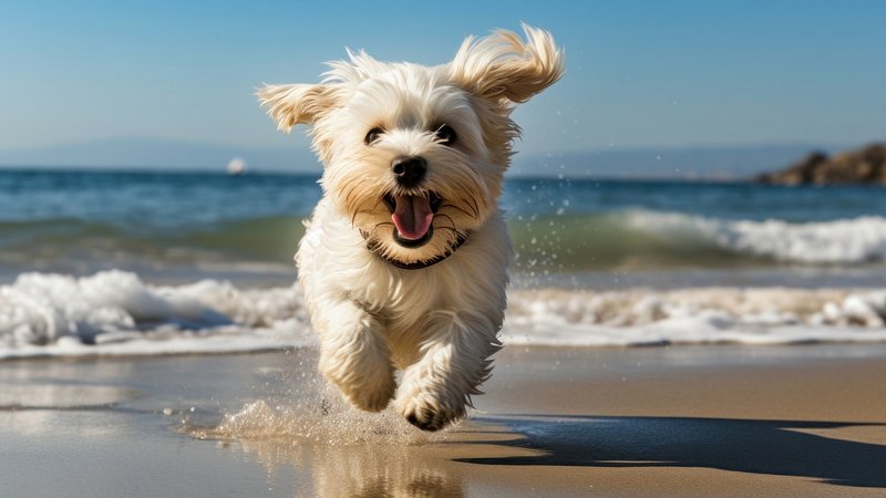 Joyful dog running beach
