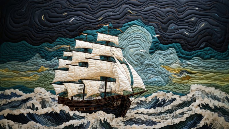 Quilted ship amidst stormy waves