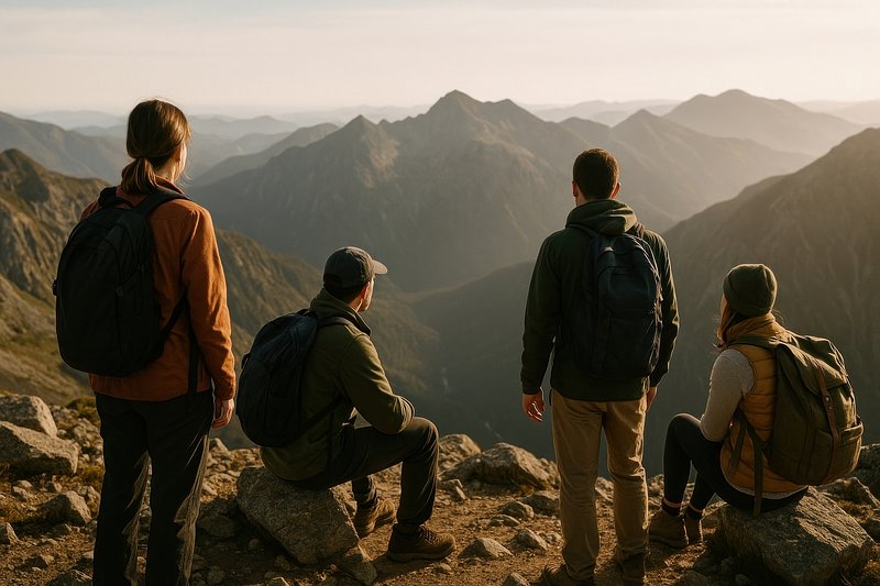 Hikers enjoy breathtaking mountain view.