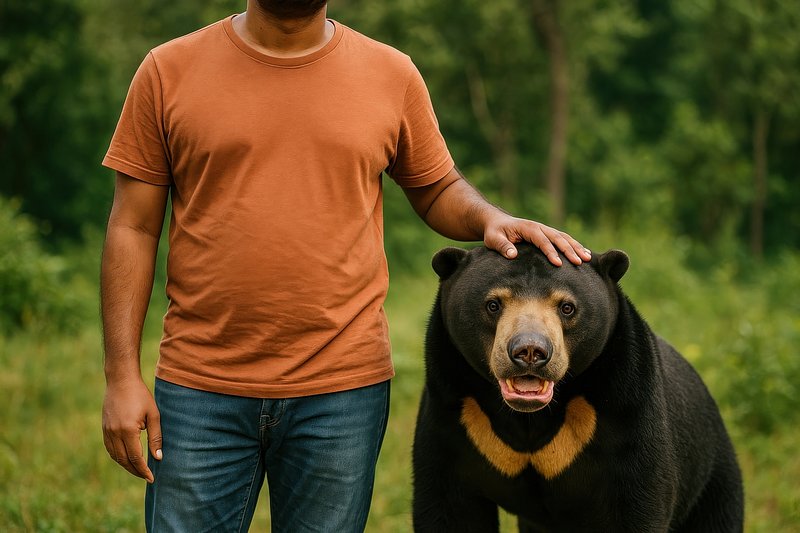 Man with friendly bear outdoors.