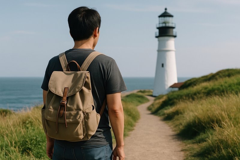 Traveler explores scenic lighthouse path.