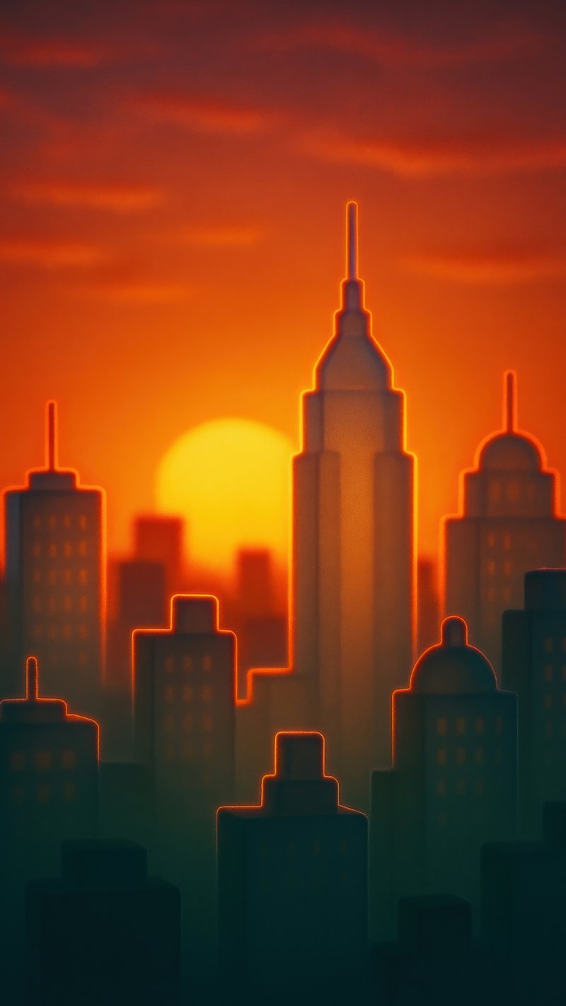 Vibrant sunset cityscape silhouette