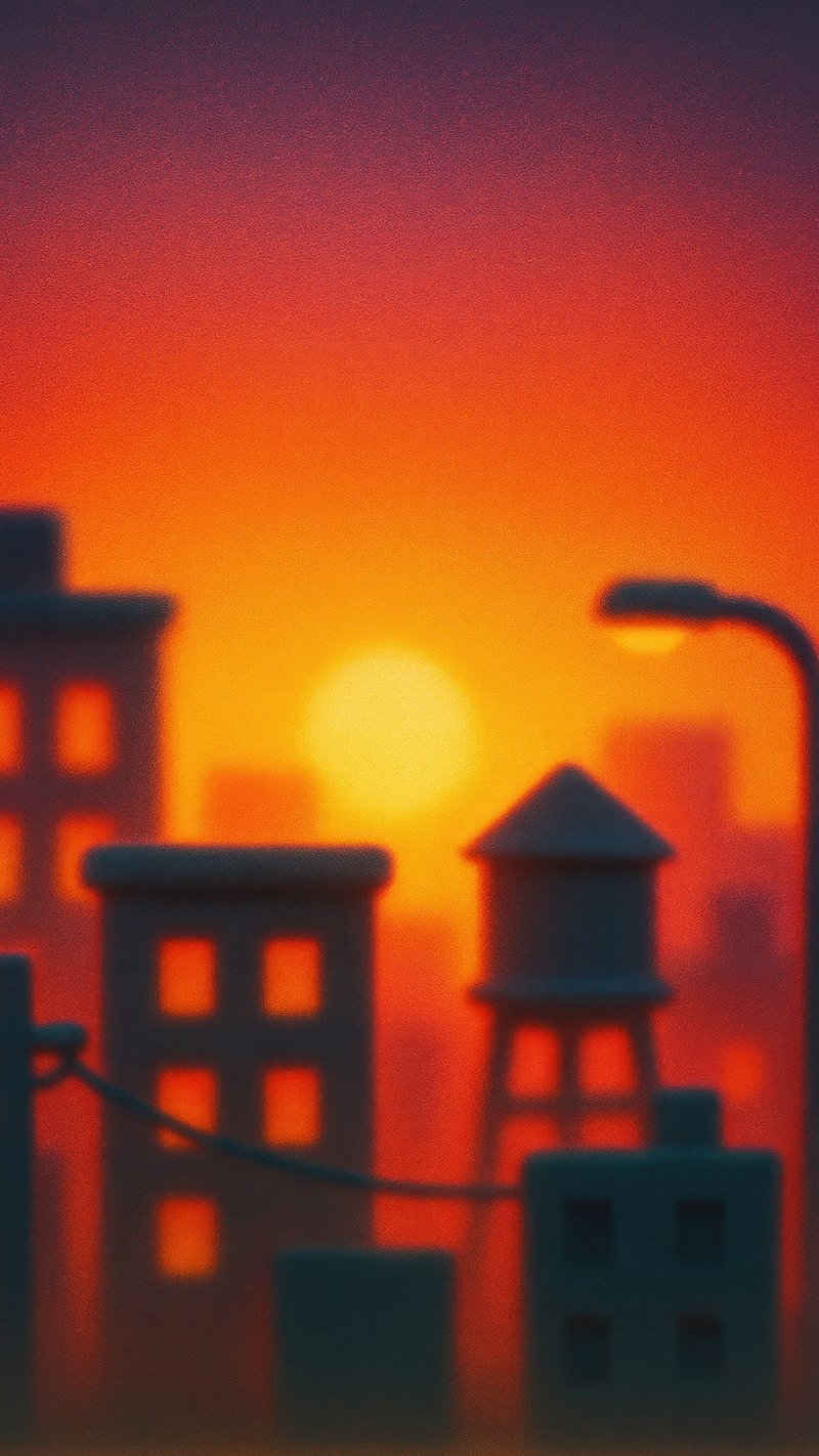 Sunset cityscape silhouette illustration.