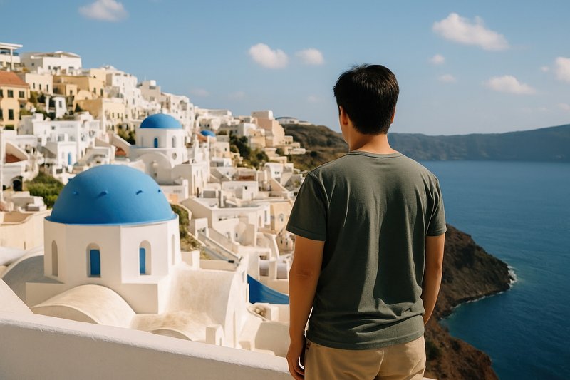 Man admiring stunning Santorini view.