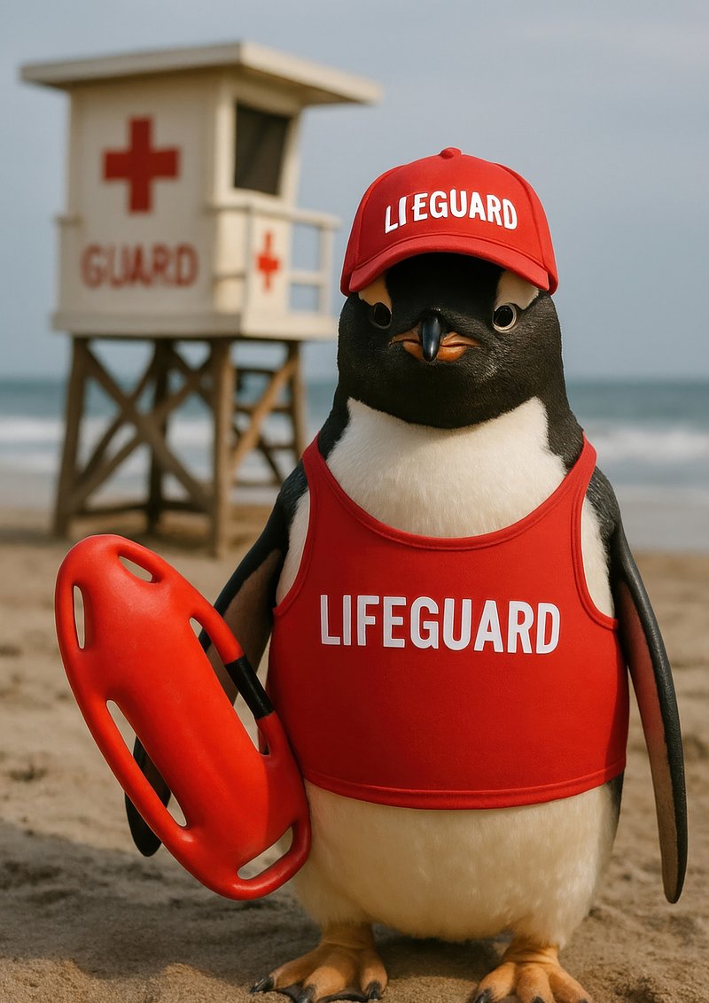 Penguin lifeguard on duty beach