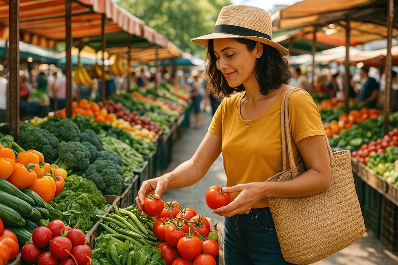 Woman shopping fresh produce market.