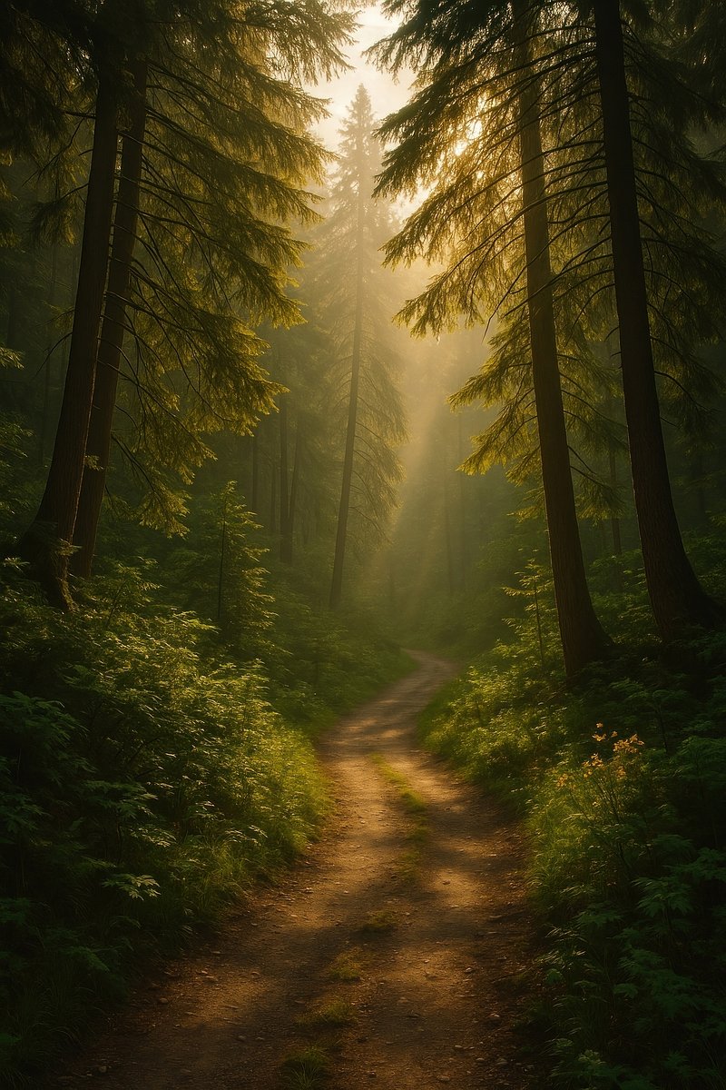 Misty forest path at sunrise.