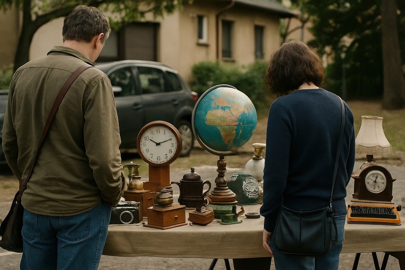 Vintage market shoppers exploring treasures.