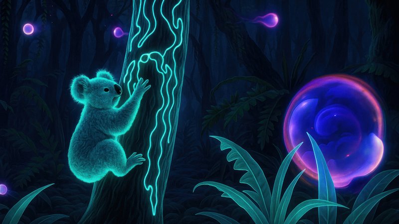 Mystical koala in glowing forest