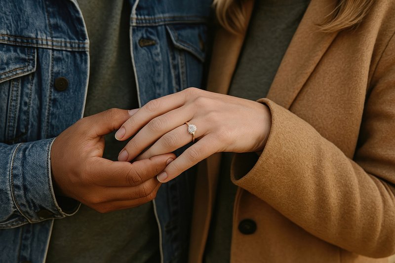 Engagement couple holding hands
