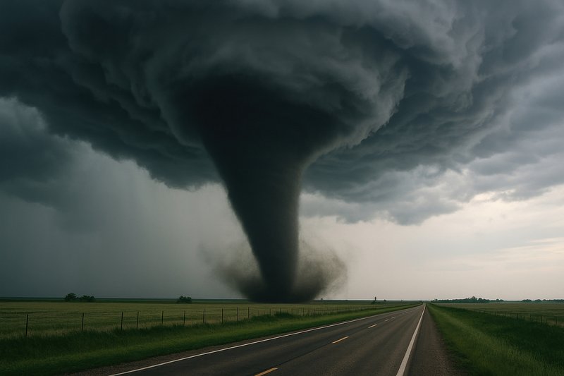 Dramatic tornado over countryside road.