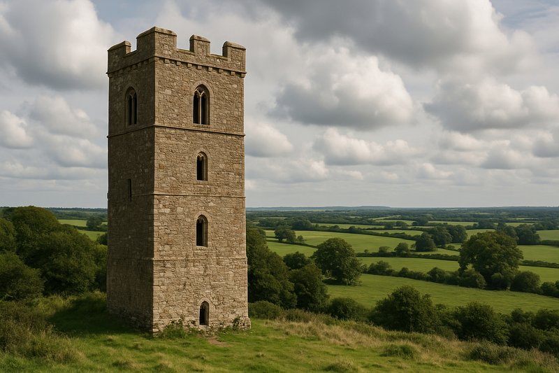 Historic tower amidst lush landscape.