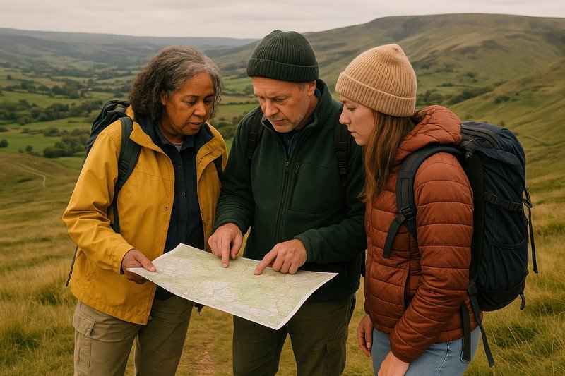 Hikers explore map outdoors.