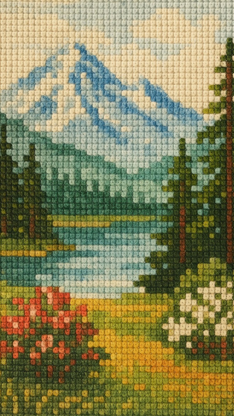 Vibrant pixelated mountain landscape