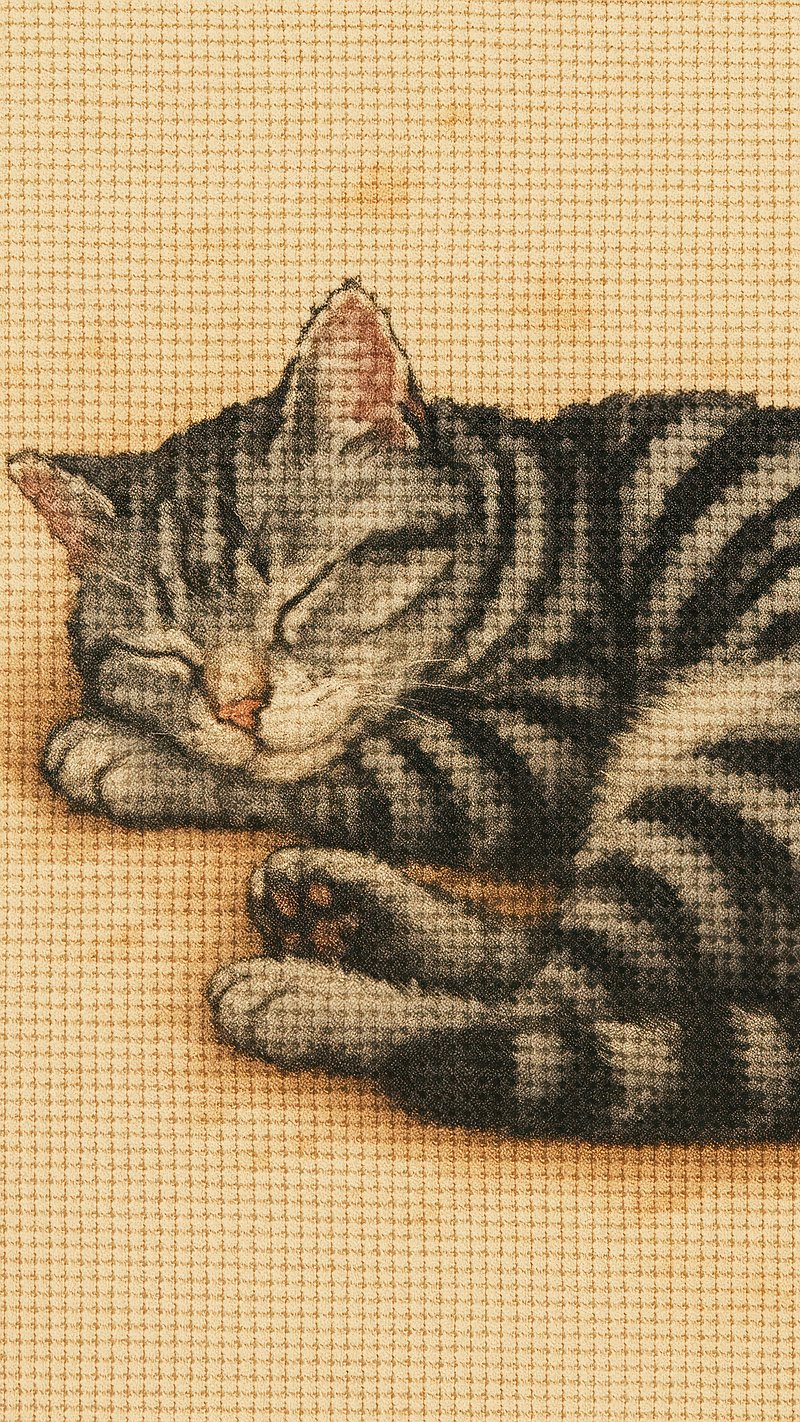 Sleeping cat cross-stitch art.