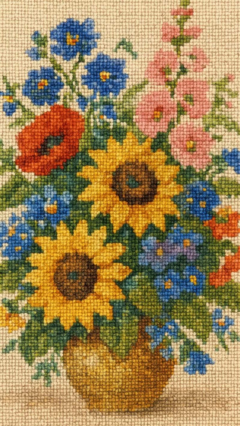 Vibrant floral cross-stitch art.