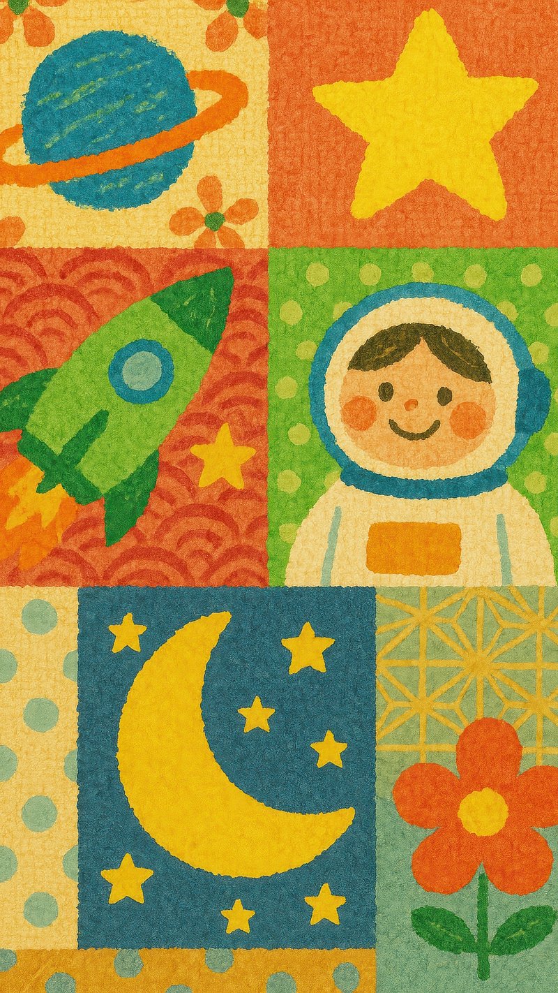 Colorful playful space-themed design.