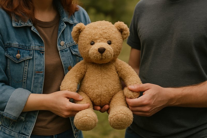 Couple holding teddy bear outdoors.