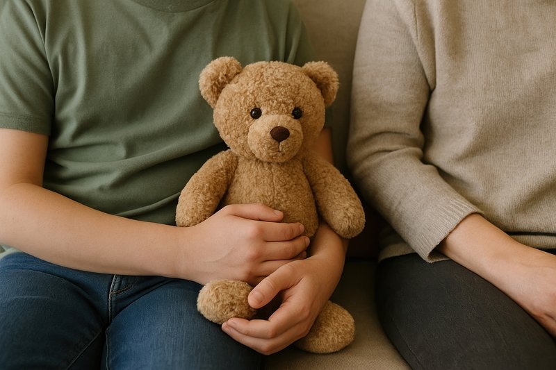 Child holds teddy bear lovingly.
