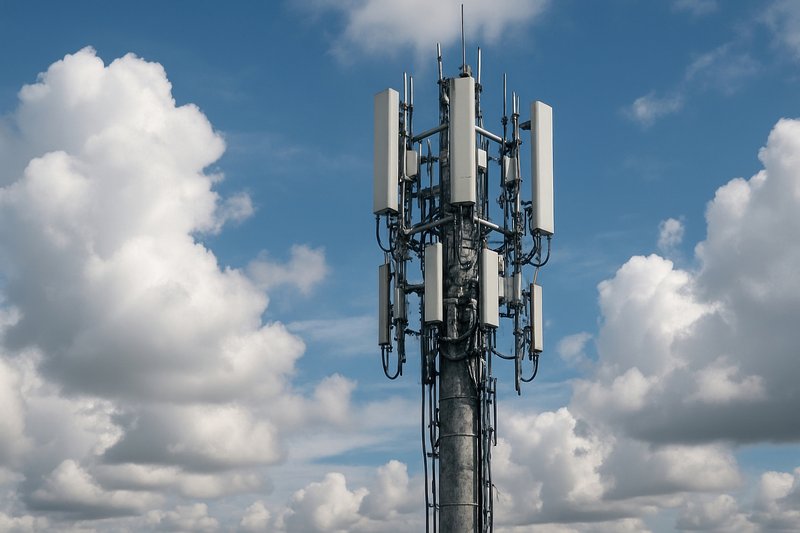 Cell tower amidst fluffy clouds.