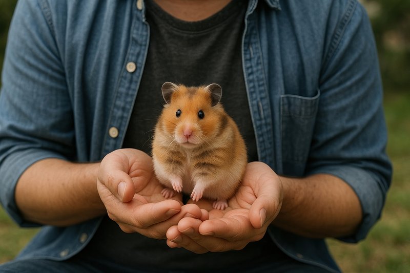 Cute hamster cradled gently.