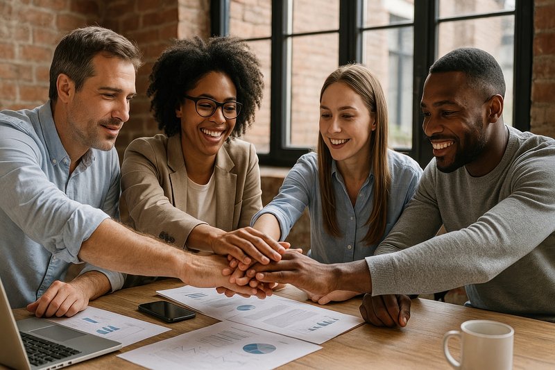 Diverse team celebrating success.
