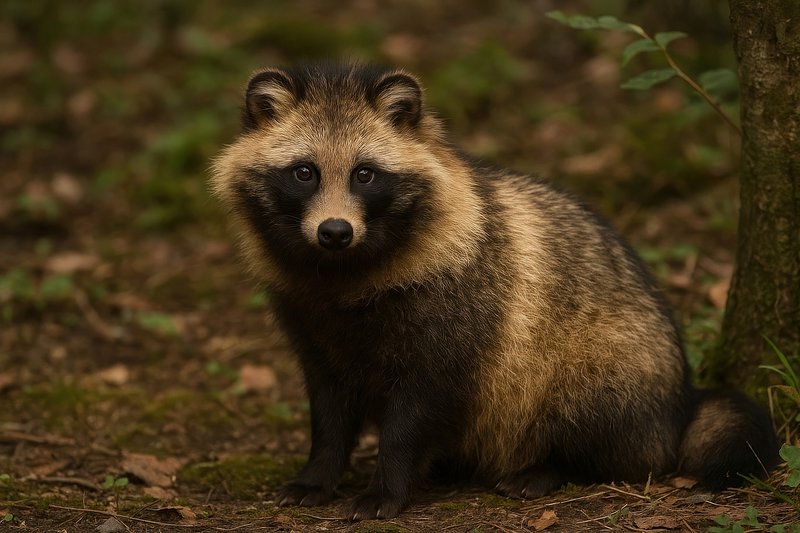 Curious raccoon dog in forest