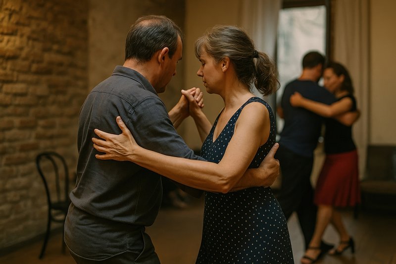 Couples dancing tango passionately.