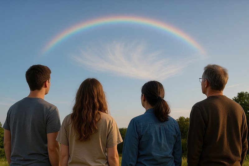 People admiring rainbow together skyward.