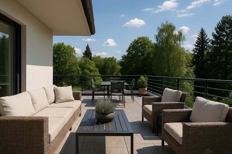 Elegant outdoor terrace with seating.