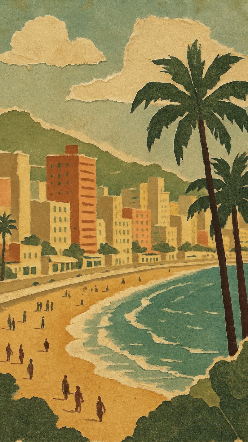 Vintage beach cityscape illustration.
