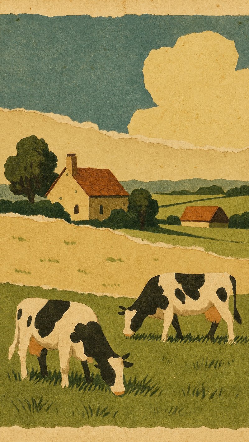 Vintage pastoral scene with cows.
