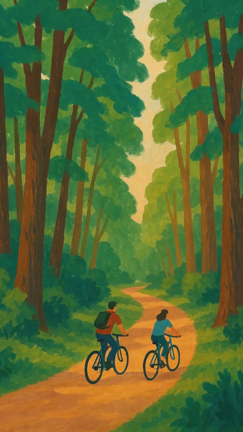Cyclists explore lush forest path.