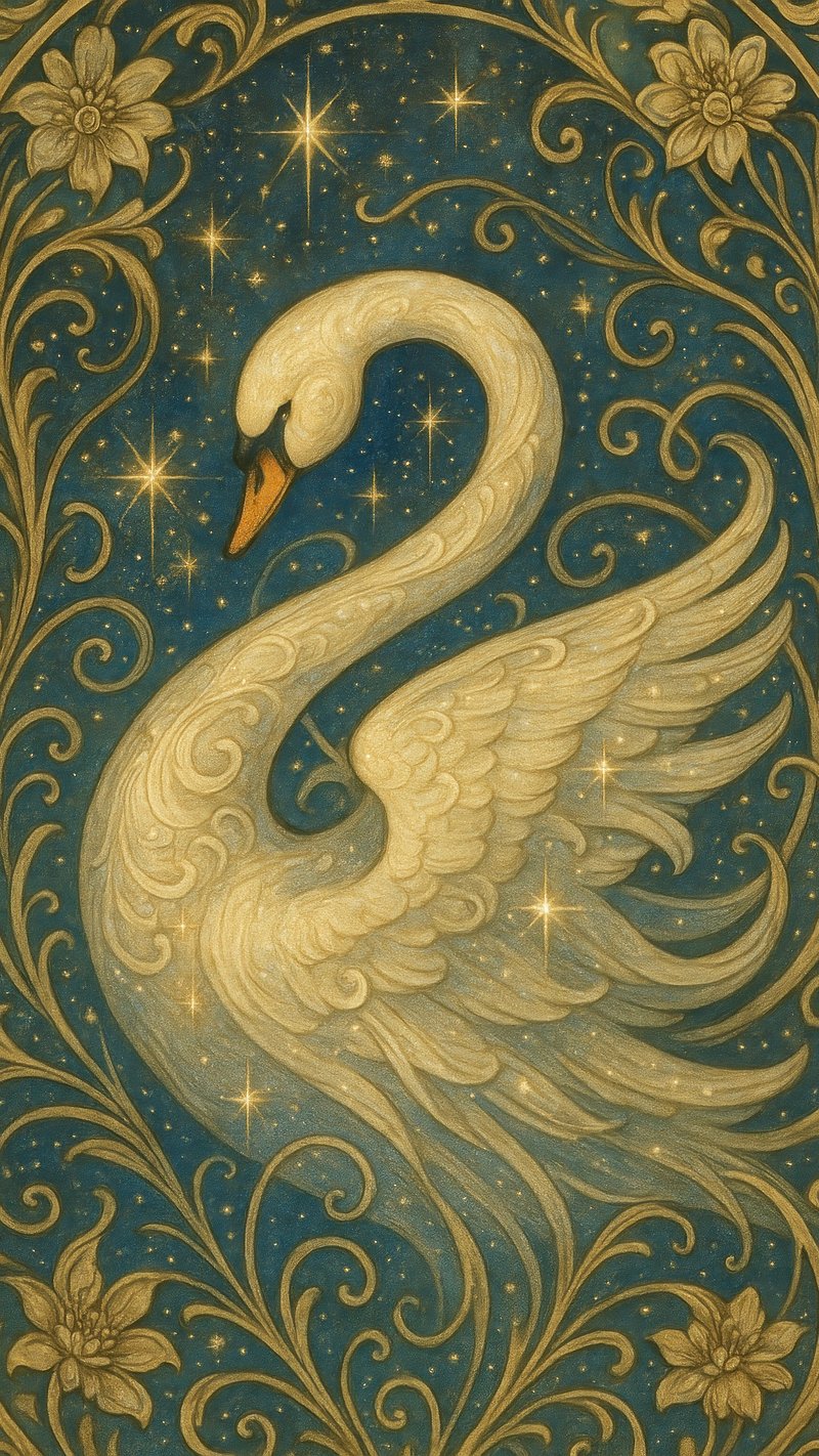 Elegant swan amidst golden stars.