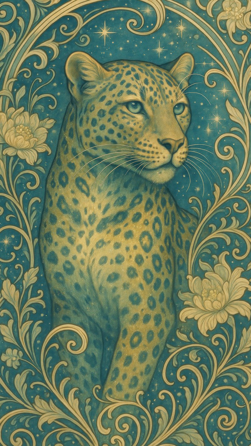 Elegant leopard amidst floral patterns.